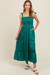Forest Green Satin Smocked Maternity Maxi Dress