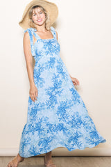 Blue Crochet Trim Floral Maternity Maxi Dress