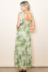 Green Crochet Trim Floral Maxi Dress