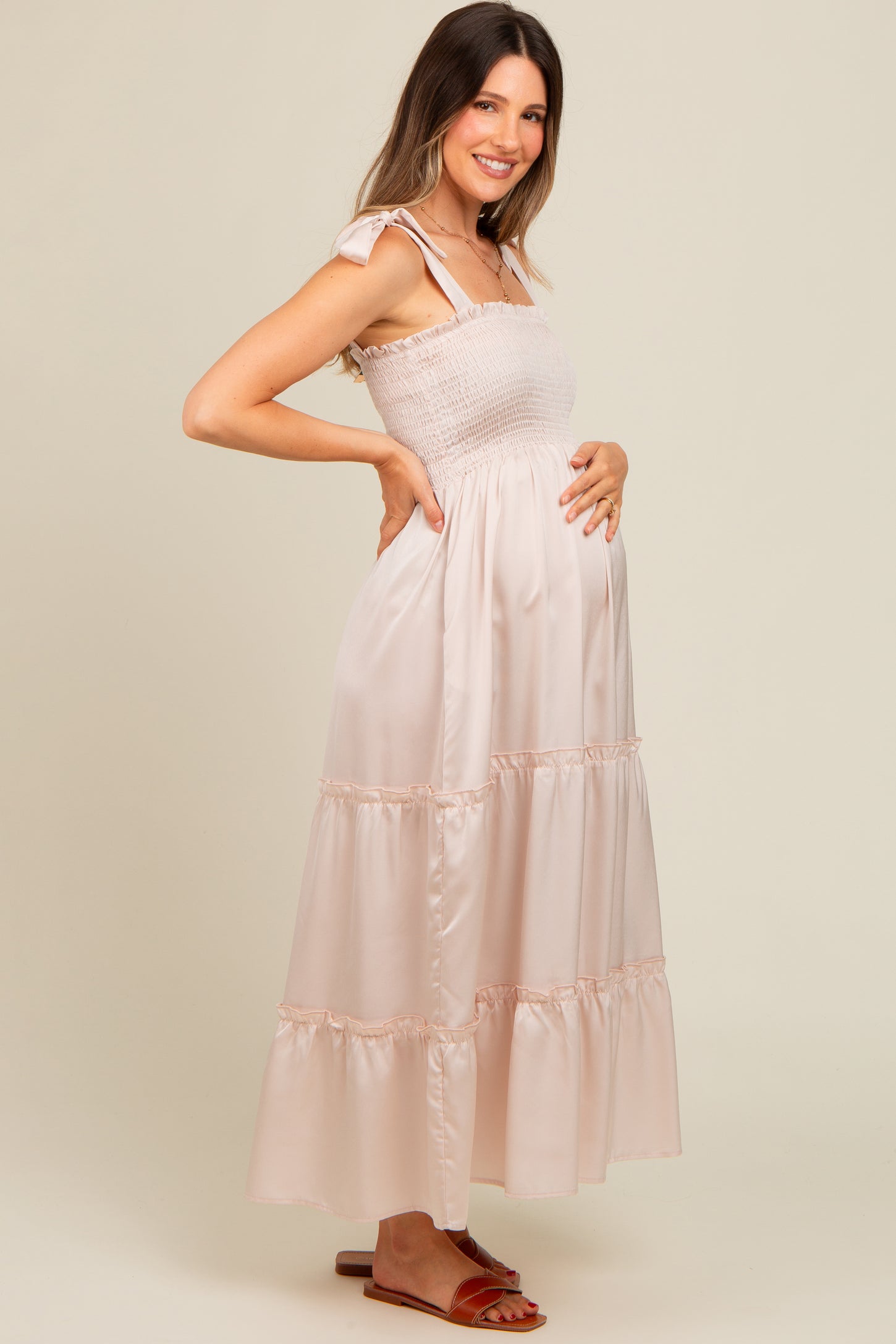 Beige Satin Smocked Maternity Maxi Dress