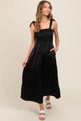 Black Satin Smocked Maxi Dress