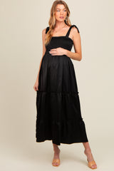 Black Satin Smocked Maternity Maxi Dress