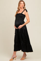 Black Satin Smocked Maternity Maxi Dress