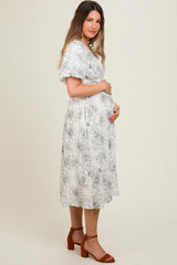 Black Floral Smocked Waist Maternity Midi Dress