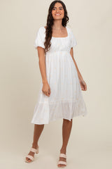 White Heart Embroidered Short Puff Sleeve Maternity Midi Dress