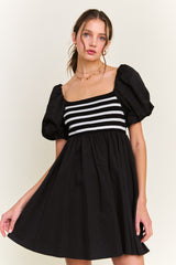 Black Knit Contrast Poplin Dress