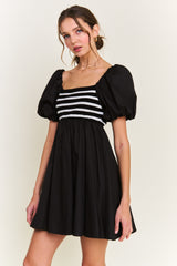 Black Knit Contrast Poplin Dress