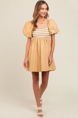 Beige Knit Contrast Poplin Dress