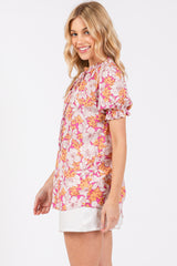 Magenta Floral Ruffle Tie Blouse