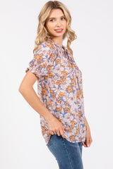 Blue Floral Ruffle Tie Blouse