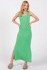 Green Ribbed Side Slit Maxi Dress