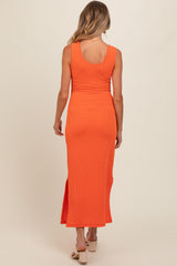 Orange Ribbed Side Slit Maternity Maxi Dress