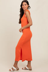 Orange Ribbed Side Slit Maxi Dress