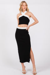 Black Colorblock Knit Crop Top Skirt Maternity Set