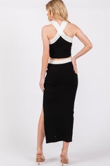 Black Colorblock Knit Crop Top Skirt Set