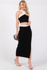 Black Colorblock Knit Crop Top Skirt Set