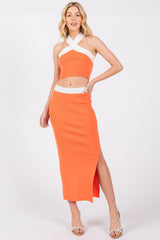 Orange Colorblock Knit Crop Top Skirt Set