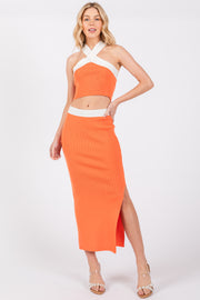 Orange Colorblock Knit Crop Top Skirt Set