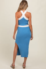 Blue Colorblock Knit Crop Top Skirt Maternity Set