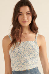 Blue Floral Ruffle-Trim Smocked Cropped Tank Top