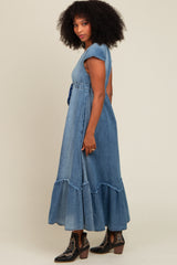 Blue Denim Sash Waist Maxi Dress