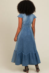 Blue Denim Sash Waist Maxi Dress