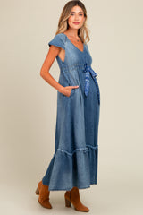 Blue Denim Sash Waist Maternity Maxi Dress