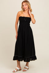 Black Smocked Strapless Midi Dress