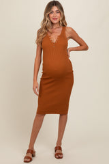 Camel Sleeveless Knit Henley Maternity Midi Dress