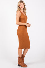 Camel Sleeveless Knit Henley Midi Dress