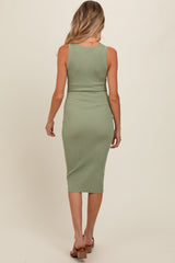 Light Olive Ribbed Fitted Sleeveless Snap Button Maternity Dress