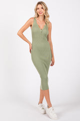 Light Olive Ribbed Fitted Sleeveless Snap Button Dress