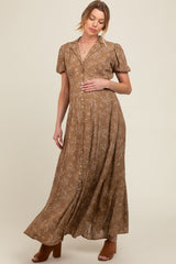 Brown Floral Button Down Maternity Maxi Dress