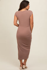 Mocha Side Ruched Maternity Midi Dress