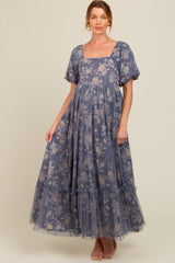 Navy Floral Mesh Overlay Maternity Maxi Dress