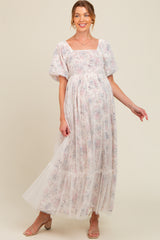 Ivory Floral Mesh Overlay Maternity Maxi Dress