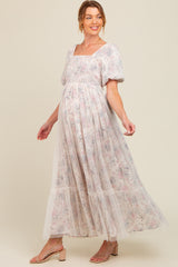 Ivory Floral Mesh Overlay Maternity Maxi Dress