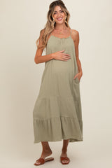 Olive Tiered Hem Maternity Midi Dress