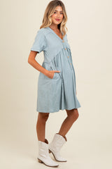 Teal Button Accent Cut Hem Detail Maternity Dress