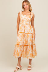 Peach Floral Sleeveless Ruffle Tiered Maternity Midi Dress