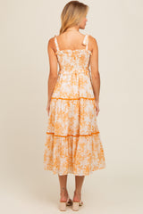 Peach Floral Sleeveless Ruffle Tiered Midi Dress