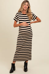 Beige Striped Knit Maternity Midi Dress