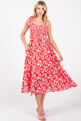 Red Printed Smocked Shoulder Tie Midi Dress