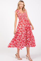 Red Printed Smocked Shoulder Tie Midi Dress