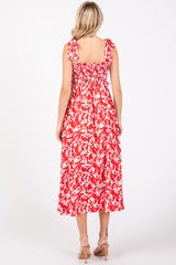 Red Printed Smocked Shoulder Tie Midi Dress