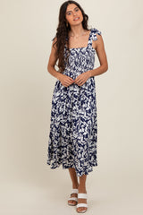 Navy Printed Smocked Shoulder Tie Midi Dress