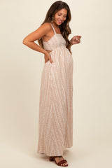 Beige Striped Back Cut Out Maternity Maxi Dress