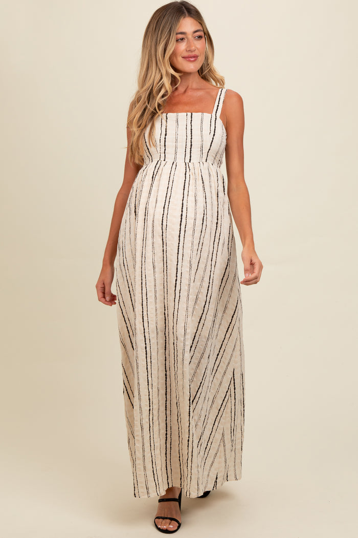 Cream Striped Back Cut Out Maternity Maxi Dress