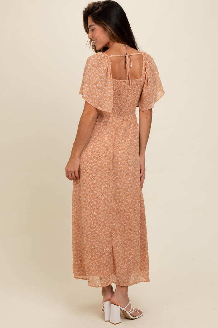 Peach Floral Smocked Button Accent Maxi Dress