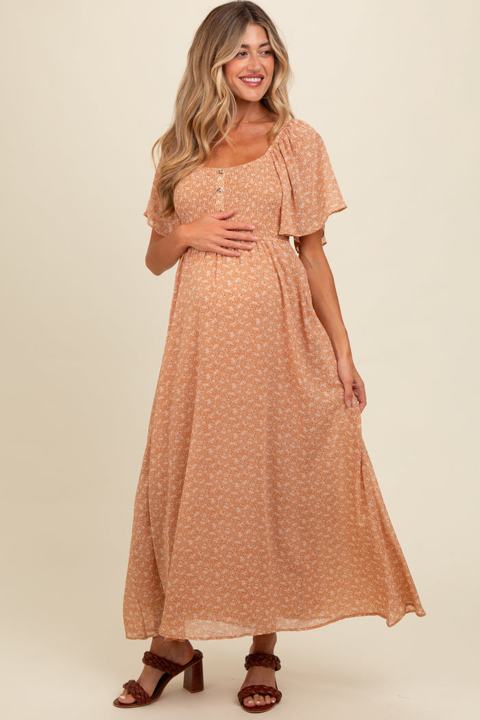 Peach Floral Smocked Button Accent Maternity Maxi Dress